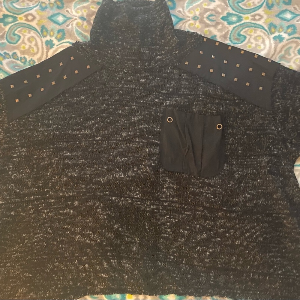 POL Black Cowl Neck Sweater with studded shoulders, textural detail NWOT XL